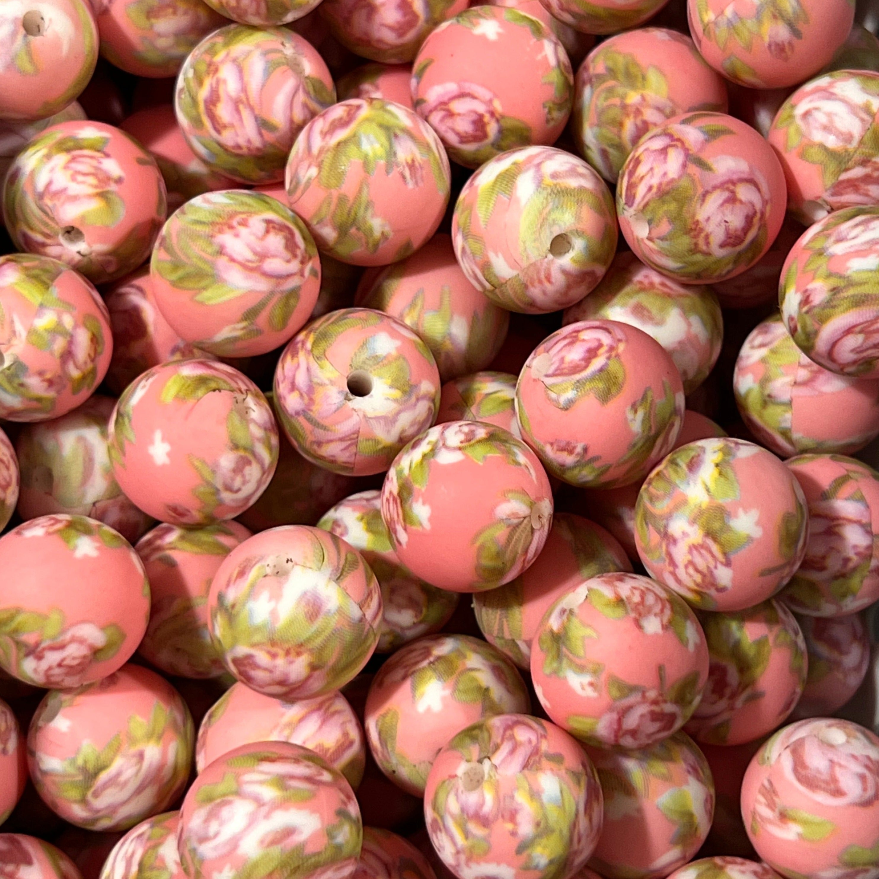 15mm Coral Floral Themed Printed Beads 10ct